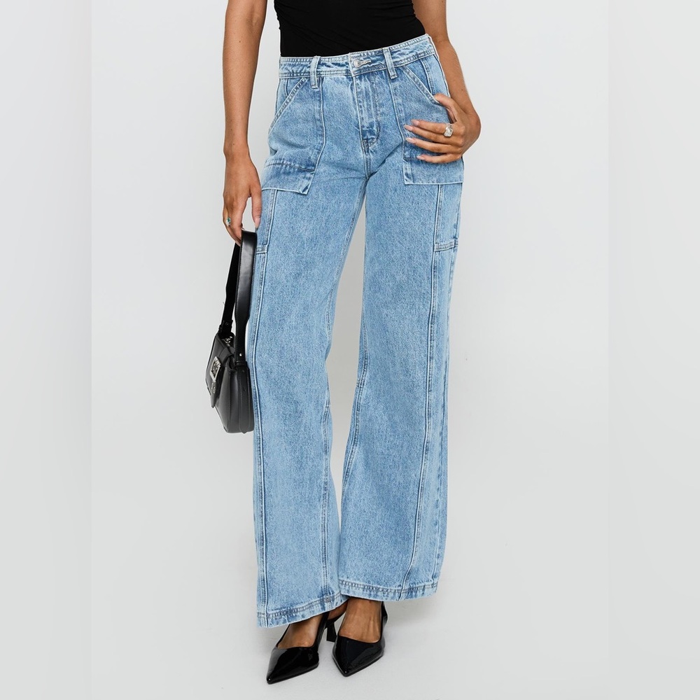 Princess Polly Chad Cargo Wide Leg Jeans Mid Wash Utility Size 4